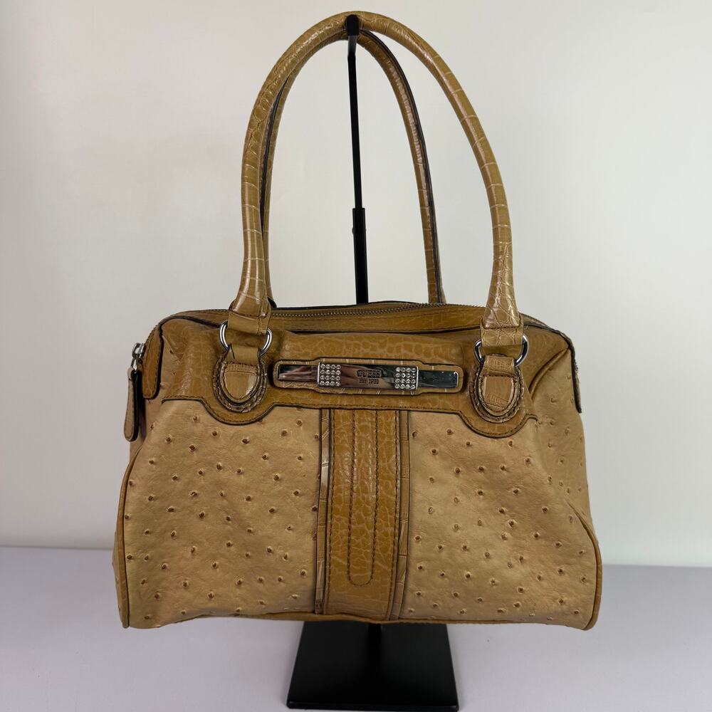 Guess Tan Faux Ostrich Texture Handbag Purse Dual Handle Zip Close Rhinestone